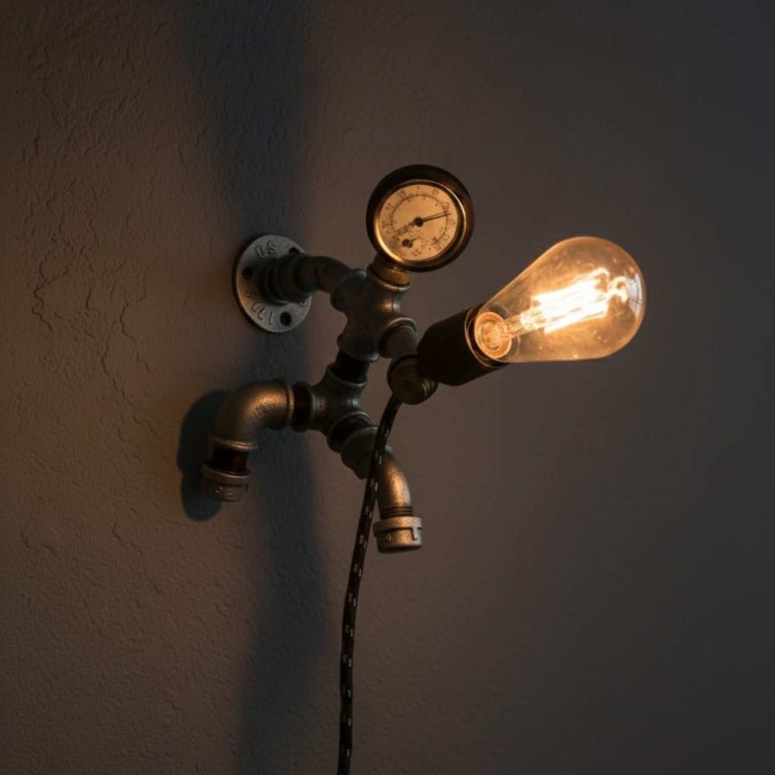 Industrial, steampunk-style desk lamp crafted to look like a baseball player at bat